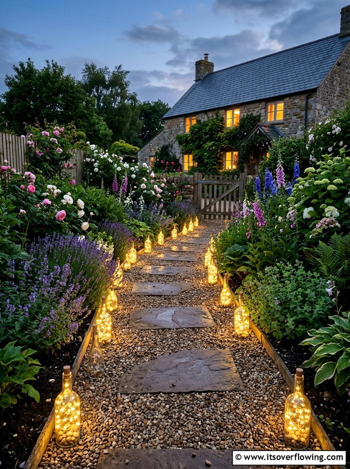 Glass bottle pathway lighting - 25 garden decor ideas with bottle lights