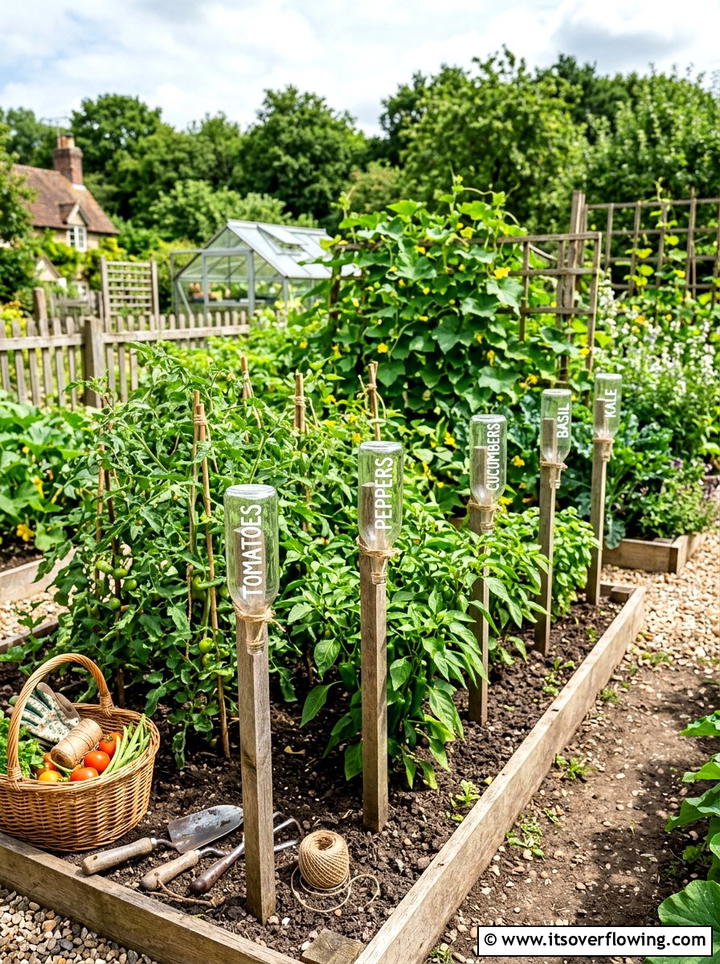 Glass bottle plant marker - 25 upcycled garden ideas with glass bottles
