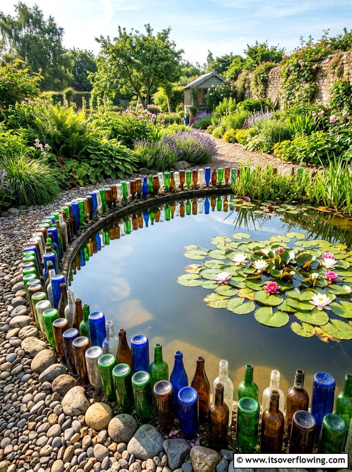 Glass bottle pond edging - 25 upcycled garden ideas with glass bottles