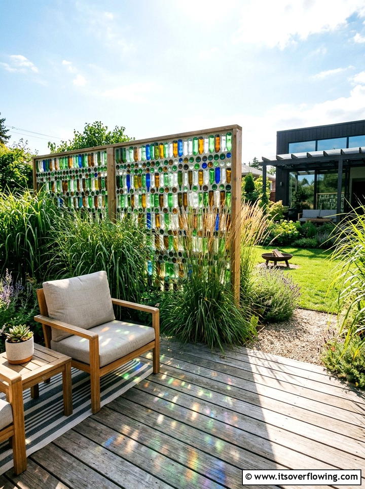 Glass bottle privacy wall - 25 upcycled garden ideas with glass bottles