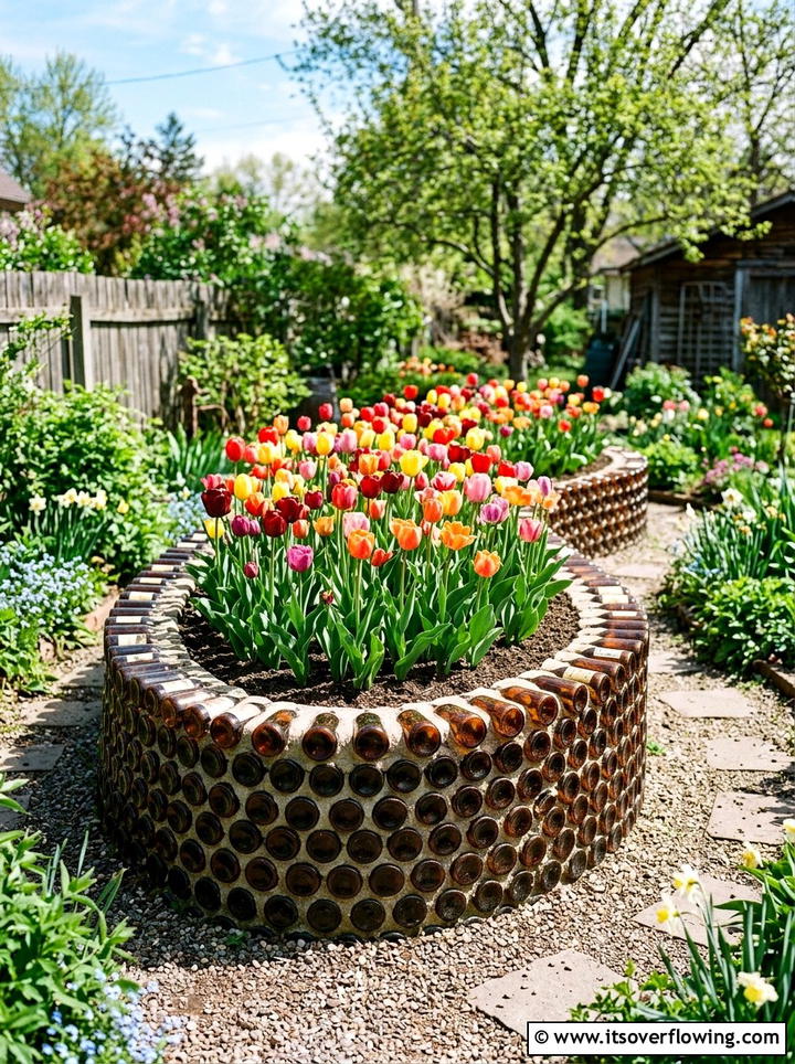 Glass bottle raised bed - 25 recycled garden ideas with vertical bottle wall