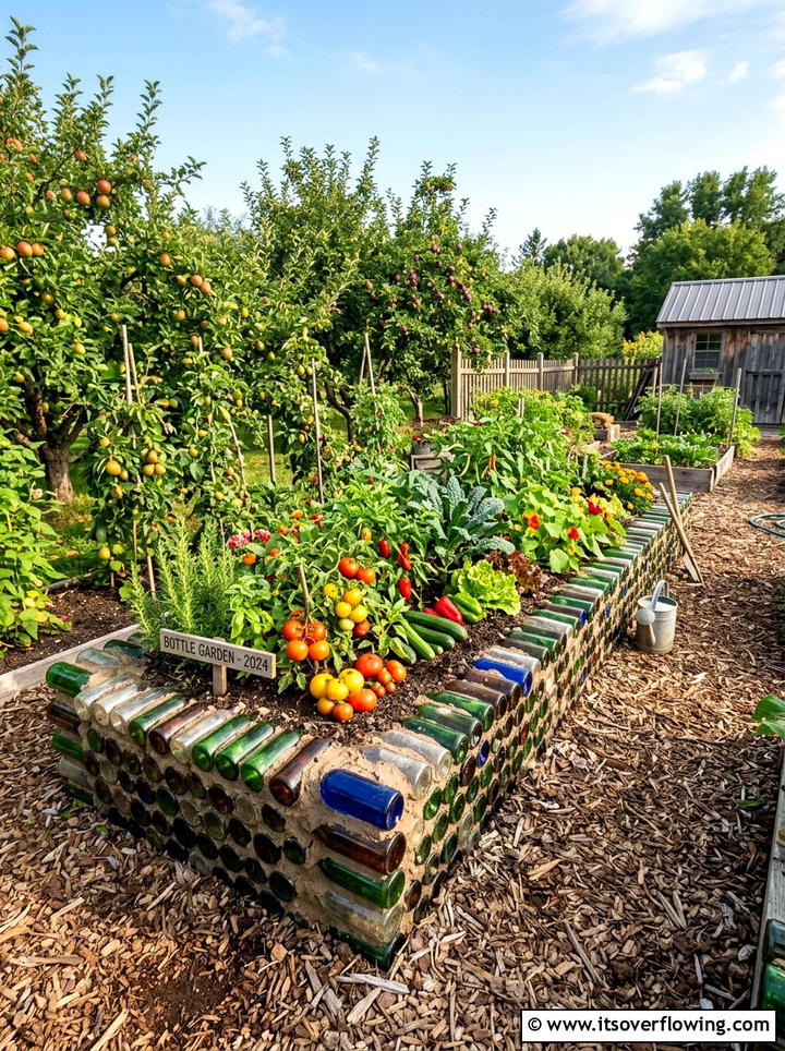 Glass bottle raised garden bed - 25 upcycled garden ideas with glass bottles