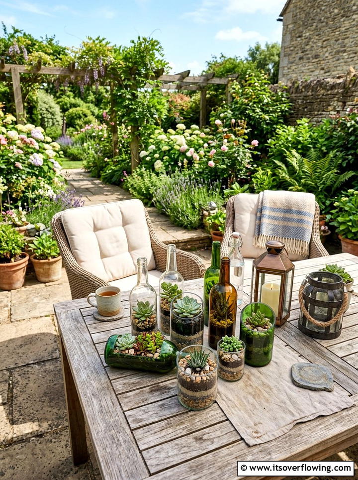 Glass bottle succulent container - 25 upcycled garden ideas with glass bottles