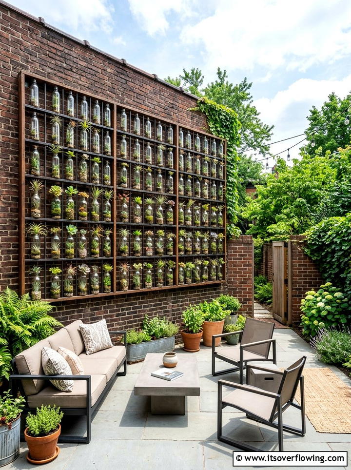 Glass bottle vertical wall - 25 upcycled garden ideas with glass bottles