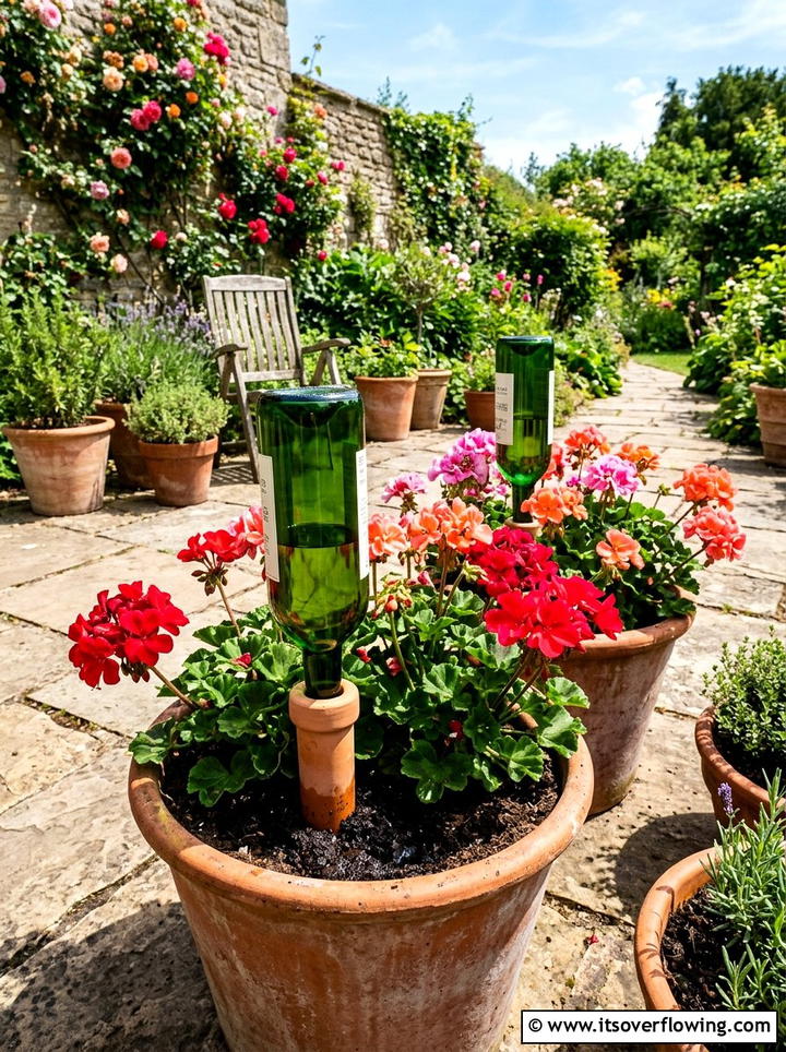 Glass bottle watering spike - 25 upcycled garden ideas with glass bottles