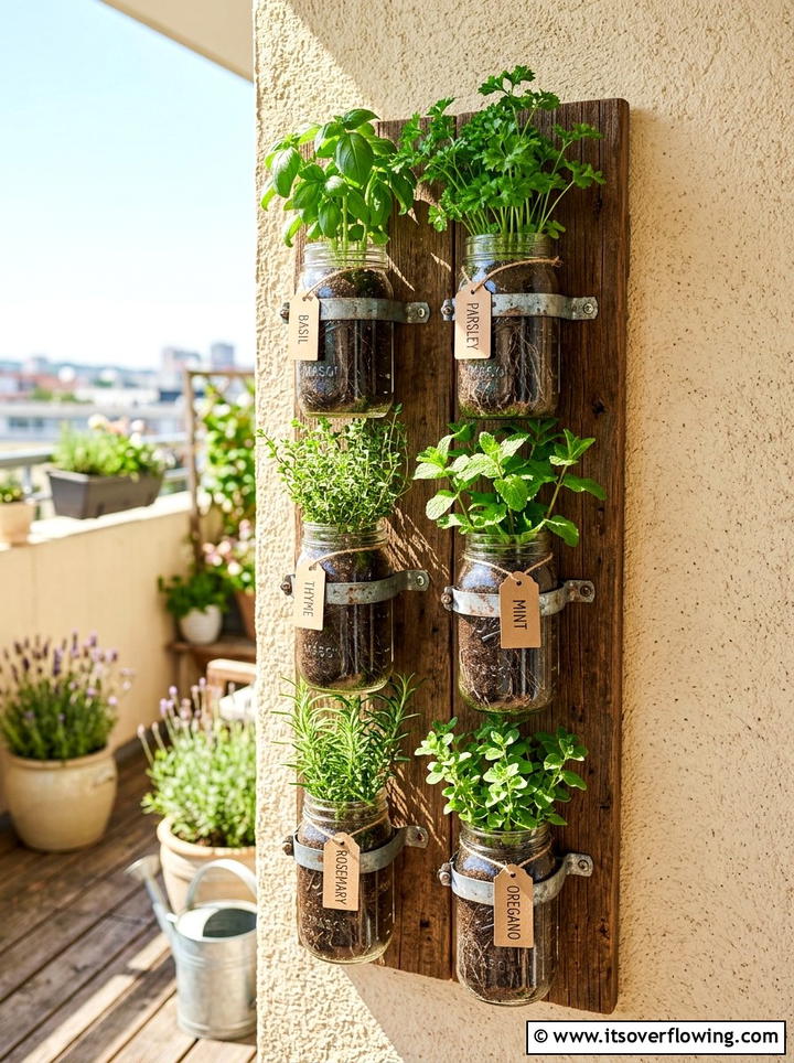 Glass jar herb garden - 25 upcycled garden ideas for balconies