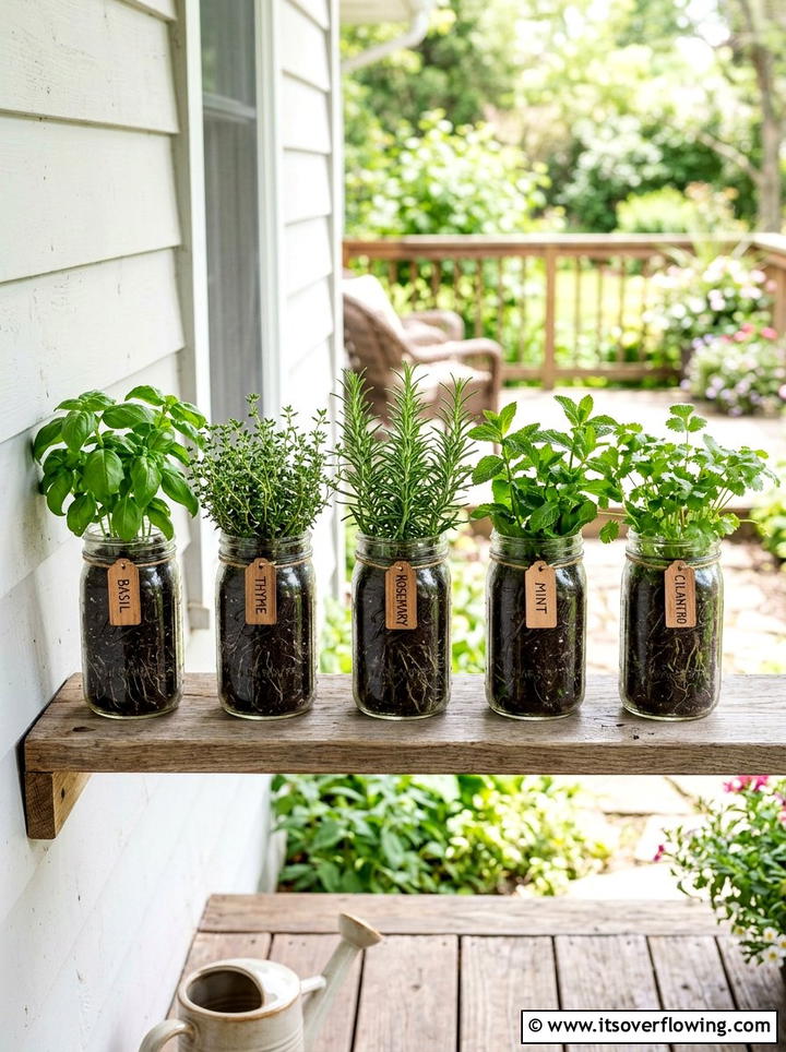 Glass jar herb garden - 25 cheap garden ideas with repurposed containers