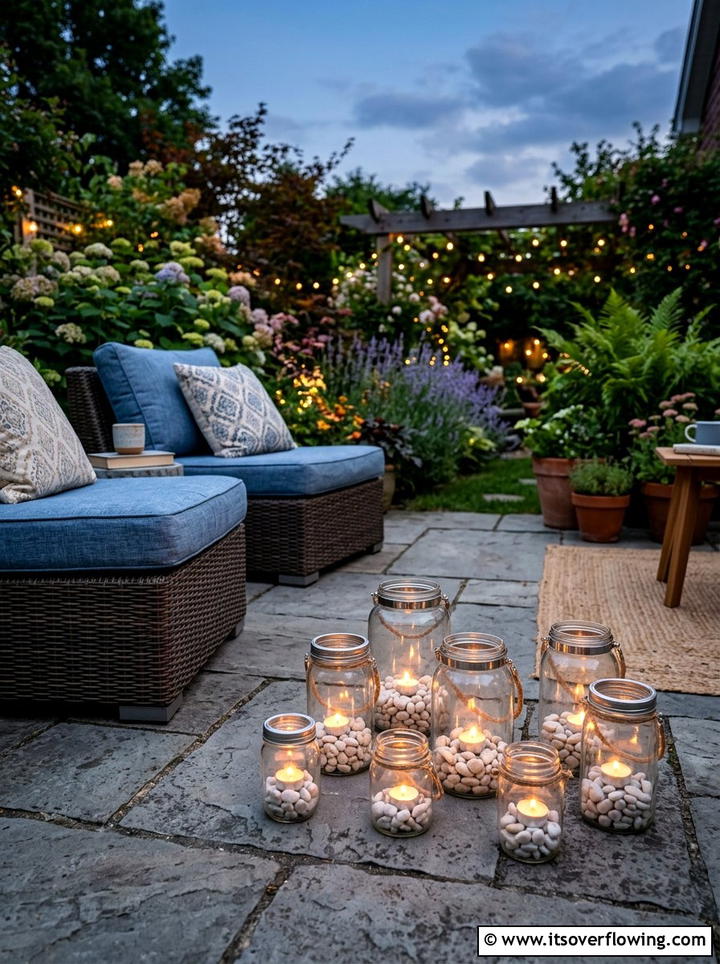 Glass jar lanterns on patio - 25 garden decor ideas with tea lights