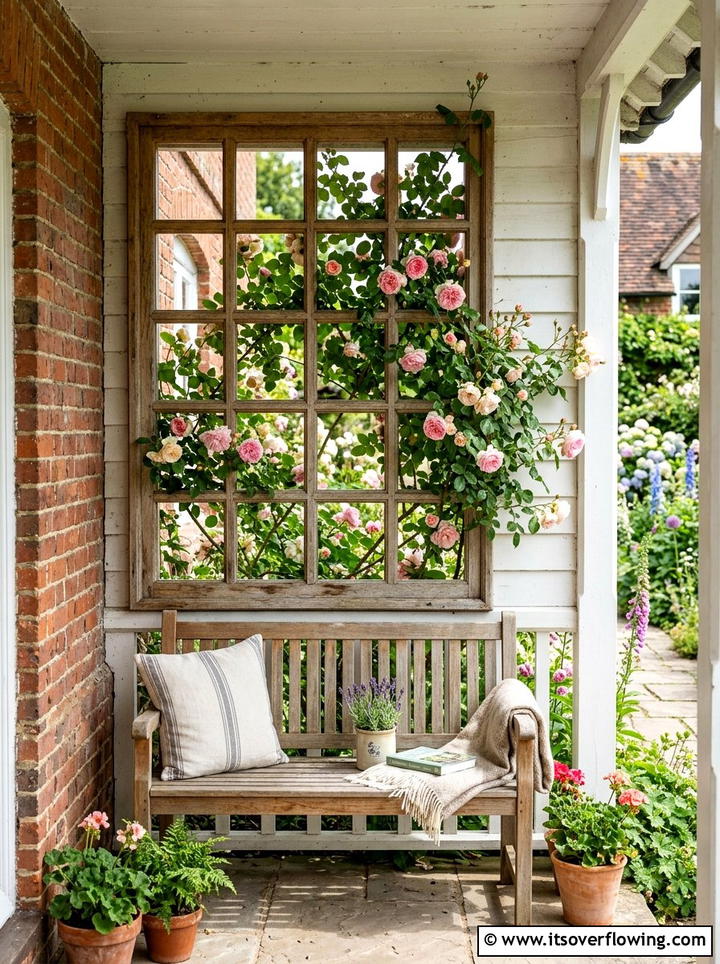 Glassless window frame trellis - 25 front porch ideas with repurposed windows