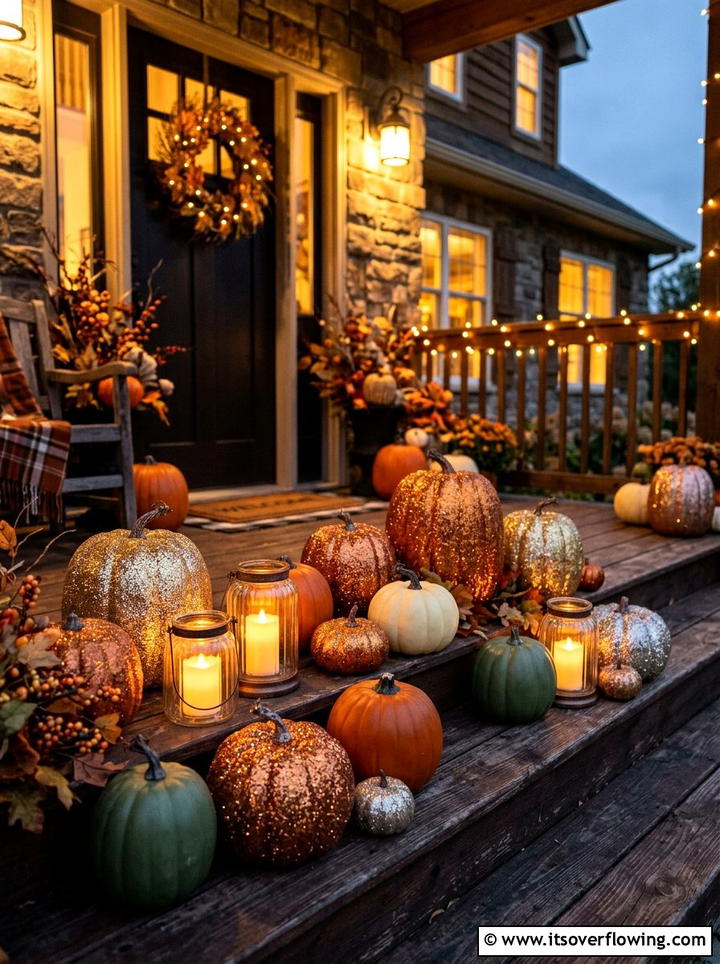 Glitter pumpkin accents - 25 front porch decor ideas with fake pumpkins