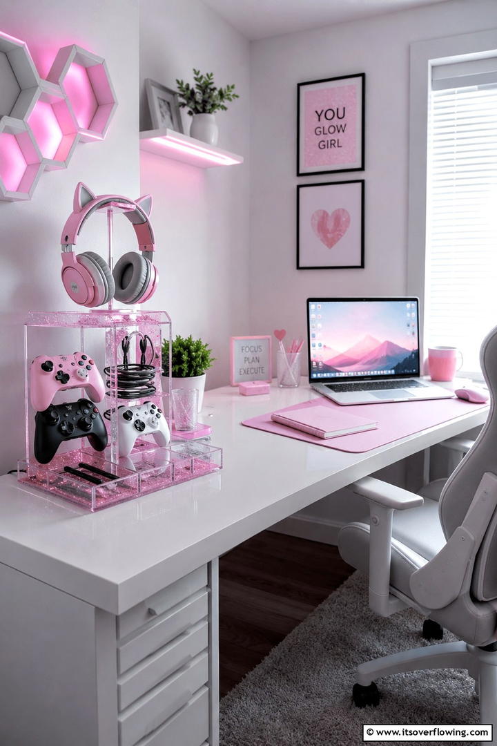 Glittering Pink Desktop Organizer - 30 Pink Gaming Setup Ideas for a Vibrant Play Space