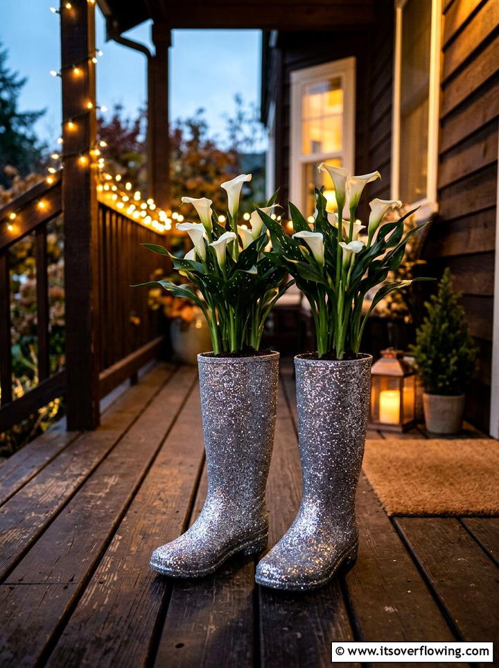 Glitzy Rain Boot Porch Planter - 25 upcycled garden ideas with old boots