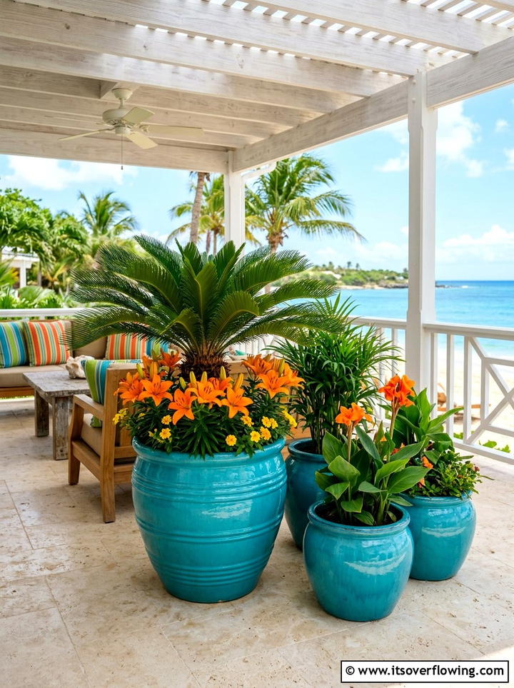 Glossy Turquoise Outdoor Pots - 25 front porch ideas with ceramic pots