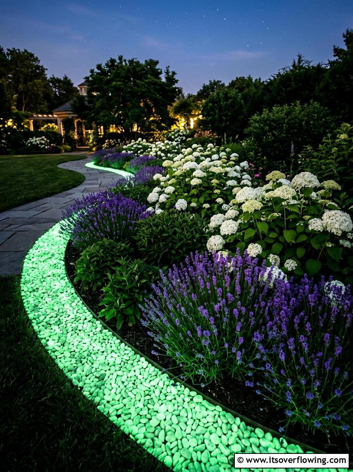 Glowing Pebble Flower Bed Border - 25 creative garden ideas with glow in the dark stones