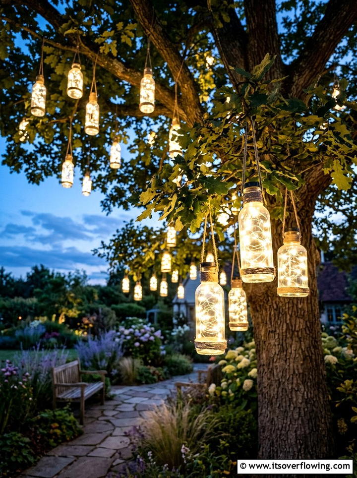Glowing glass bottle light - 25 recycled garden ideas with vertical bottle wall