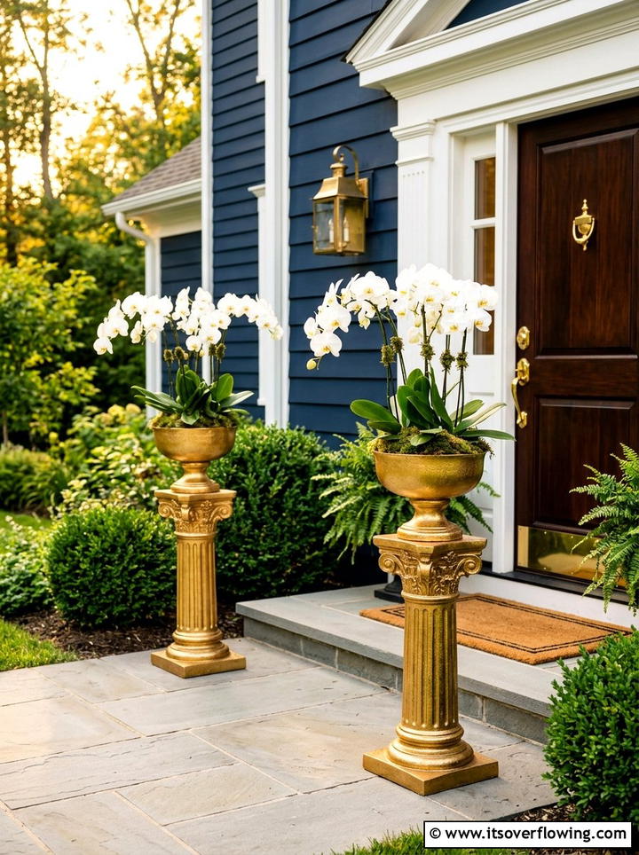 Gold Finish Pedestal Planters - 25 front porch decor ideas with pedestal planters