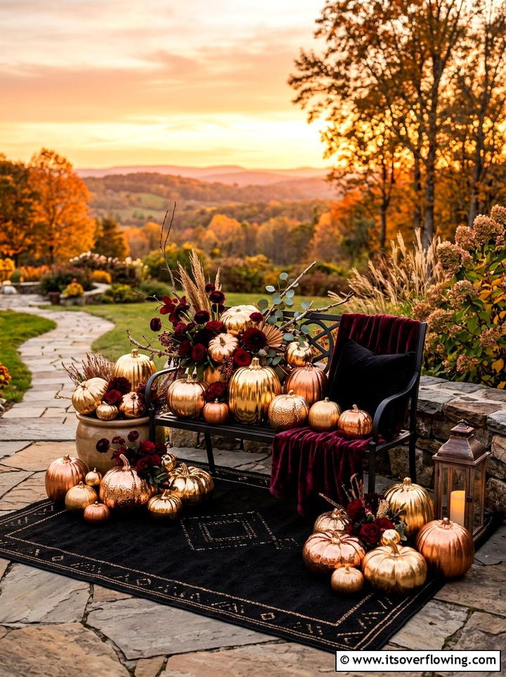 Gold metallic pumpkin display - 25 front porch decor ideas with fake pumpkins