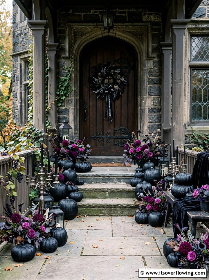Gothic black pumpkin porch - 25 front porch decor ideas with fake pumpkins