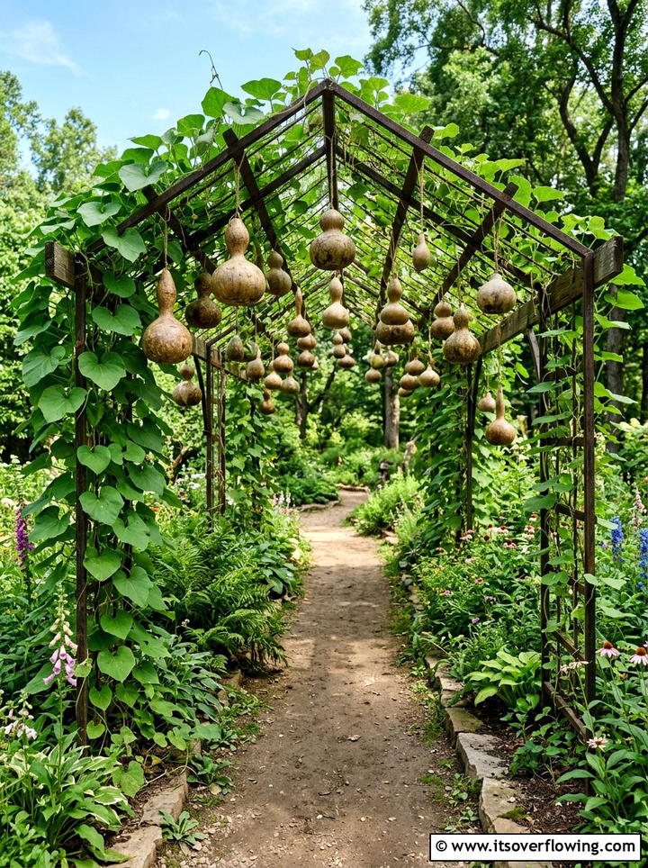 Gourd Trellis Walkway - 25 creative garden ideas with trellis tunnel