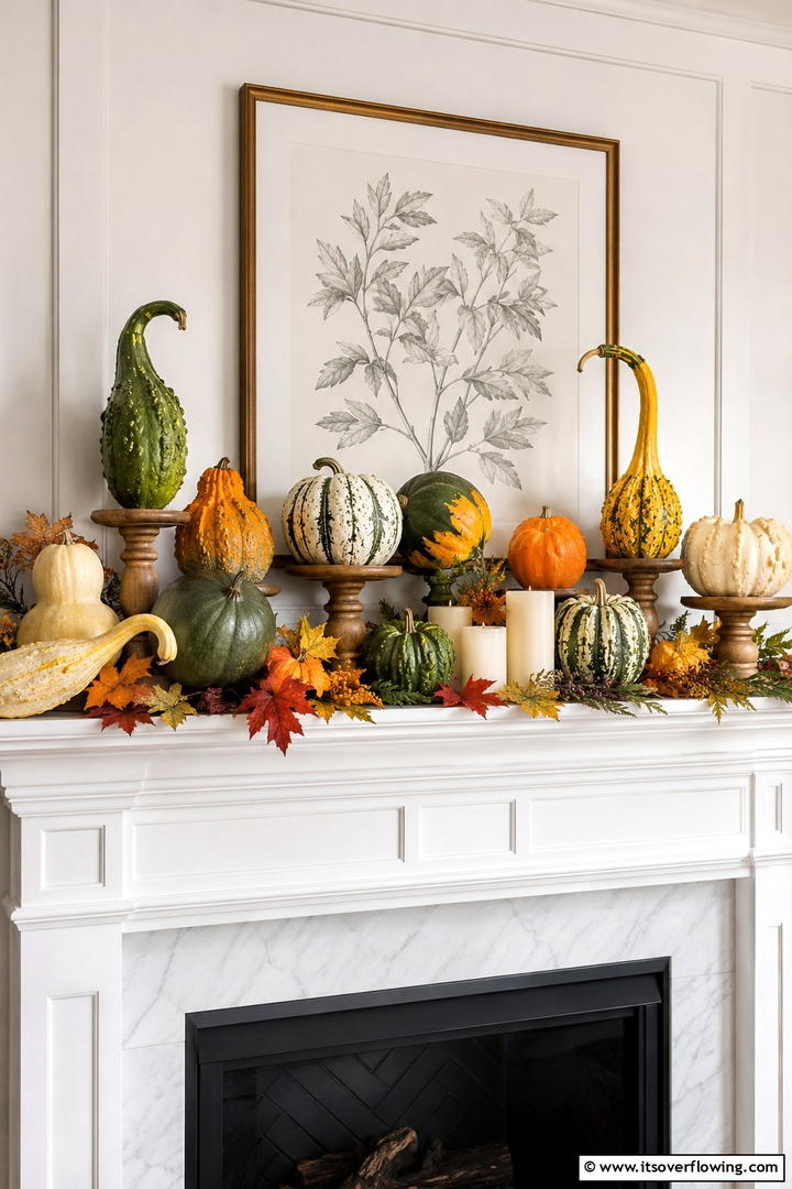 Gourd and Squash Mantel Collection - 50 Fall Mantel Decor Ideas for Cozy Spaces This Season