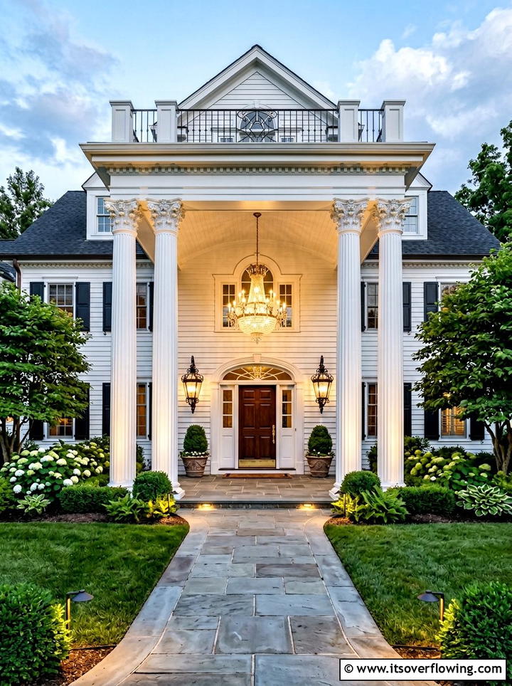 Grand Colonial Entrance - 25 front porch ideas with layered lighting