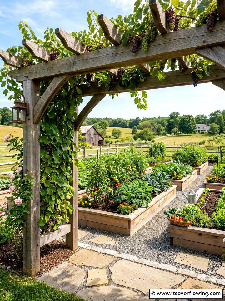 Grape Arbor Overlooking Vegetable Garden Beds - 25 creative garden ideas with grape arbor