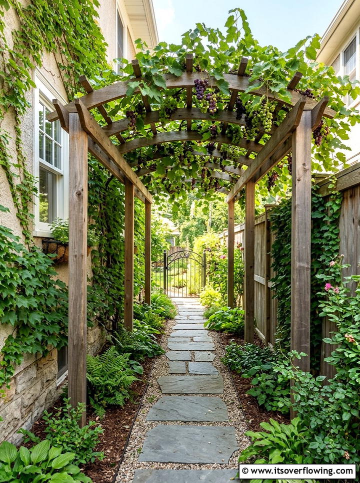 Grape Arbor Spanning Side Yard Narrow Space - 25 creative garden ideas with grape arbor