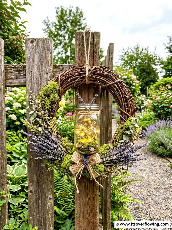 Grapevine wreath mason jar light - 25 garden ideas with mason jar lanterns