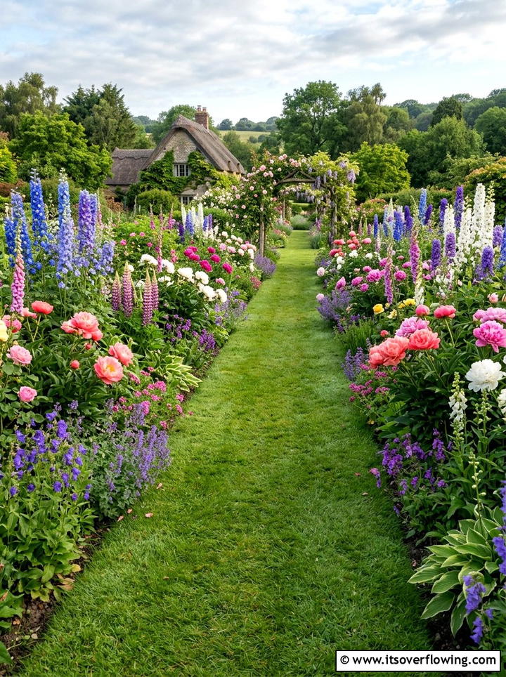 Grass Path With Flower Borders - 25 garden ideas with pathways