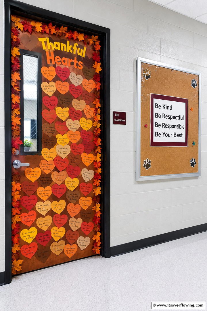 Grateful Hearts Display - 50 Fall Door Decor Classroom Ideas for Cozy Entryways