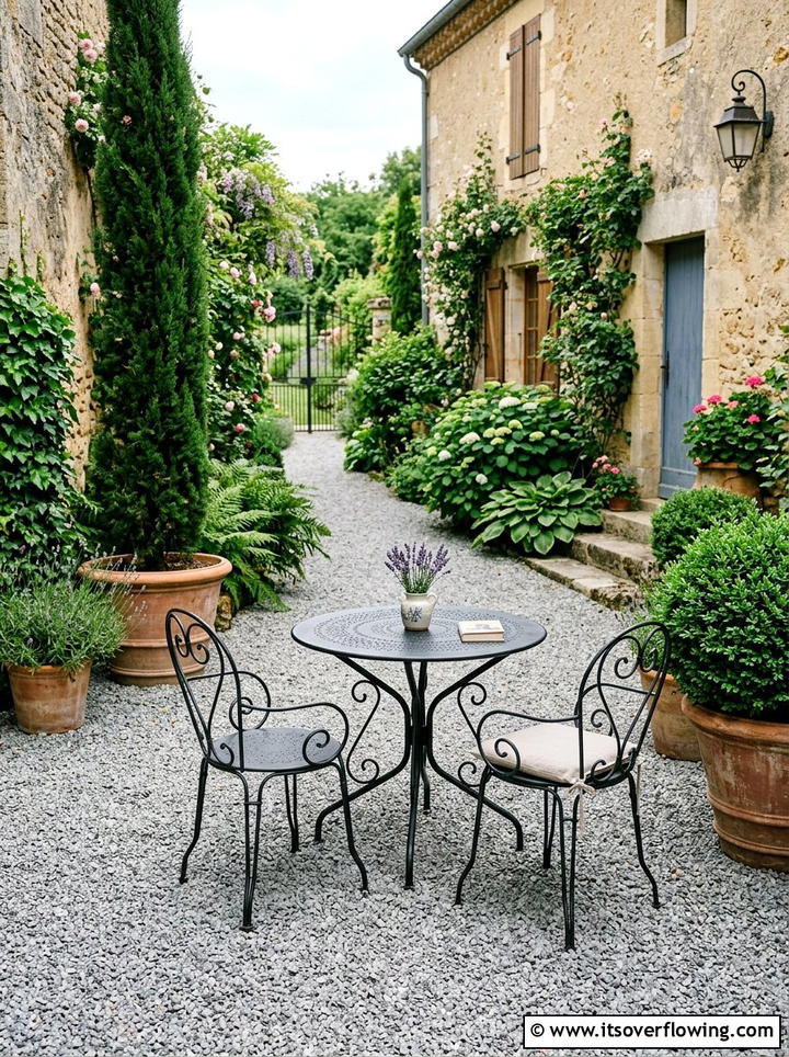 Gravel Courtyard Seating - 25 backyard ideas with low maintenance plants