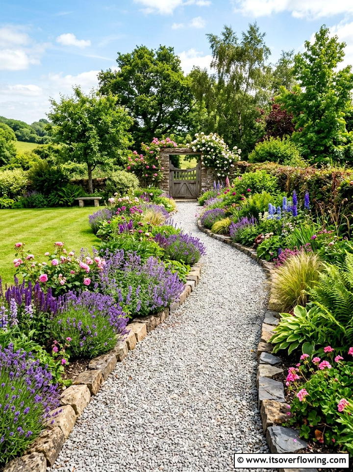 Gravel Garden Path - 25 backyard decorating ideas with farmhouse accents
