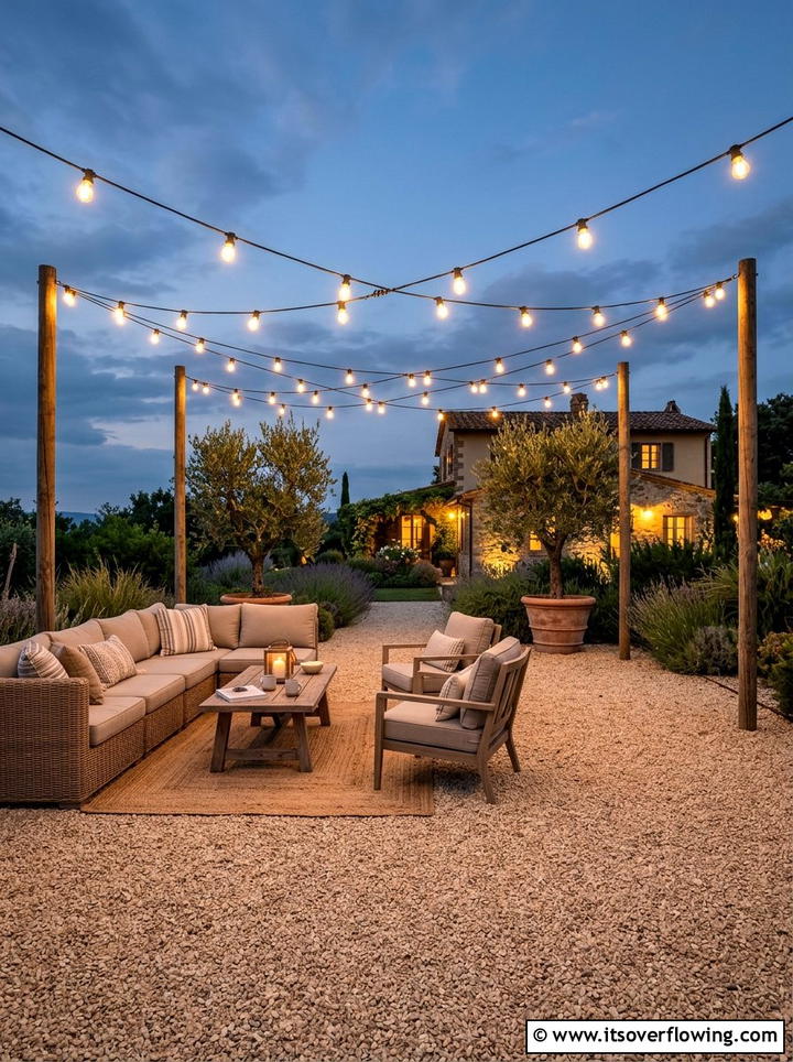 Gravel Patio String Lights - 25 garden design ideas with lighting plans