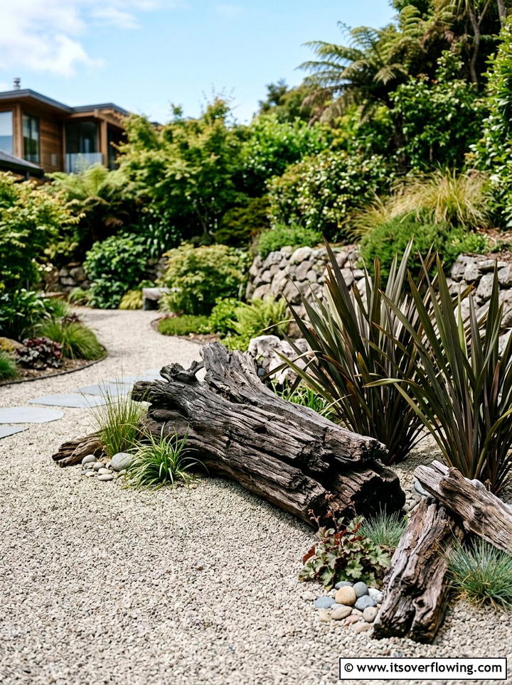 Gravel garden with weathered logs - 25 garden ideas with driftwood sculptures