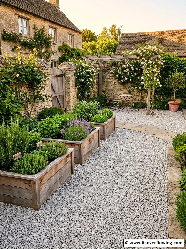 Gravel patio with cedar beds - 25 backyard ideas with raised planter boxes
