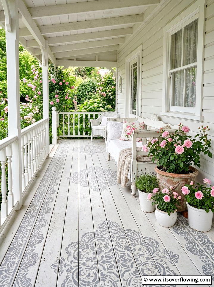 Gray White Lace Pattern - 25 front porch ideas with stenciled floor