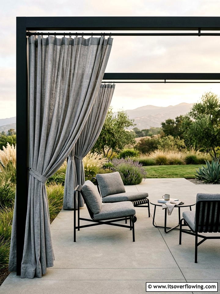 Gray linen look outdoor curtains - 25 garden decor ideas with pergola curtains