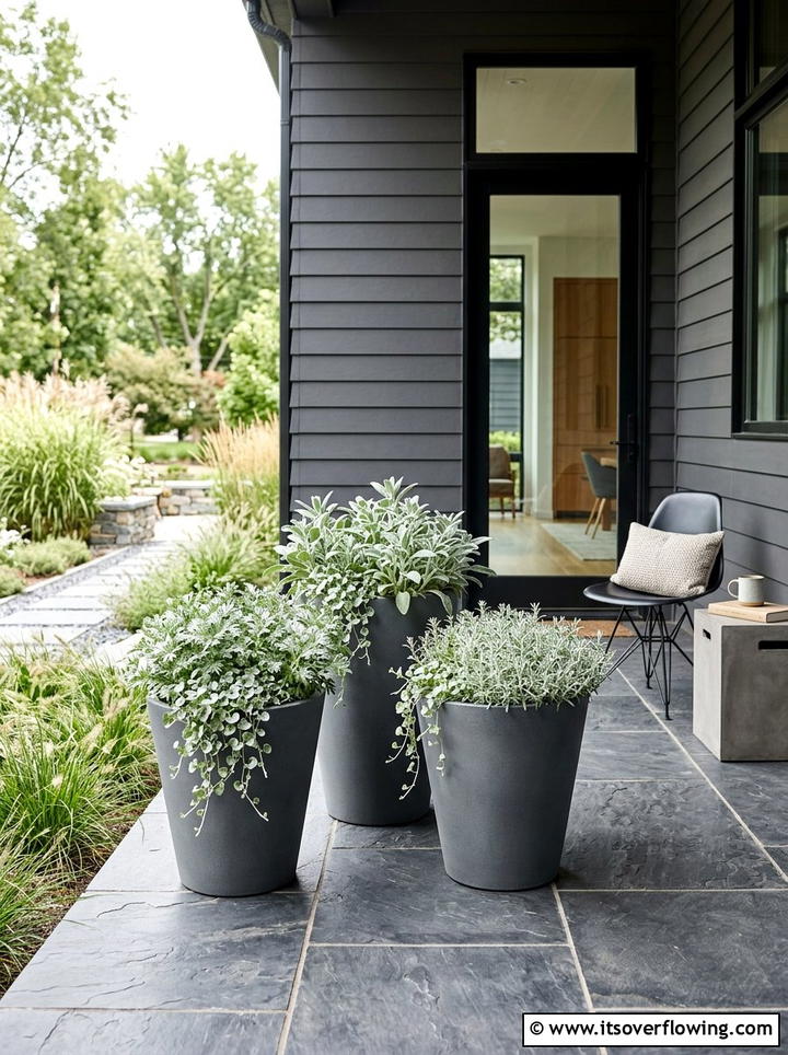 Gray tapered planters - 25 front porch ideas with tall planters