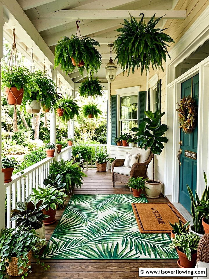 Green botanical rug with plain coir mat - 25 front porch decor ideas with layered mats