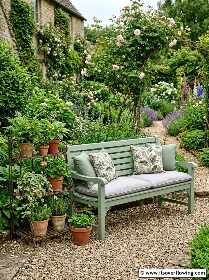 Green garden bench - 25 front porch decor ideas with cushions