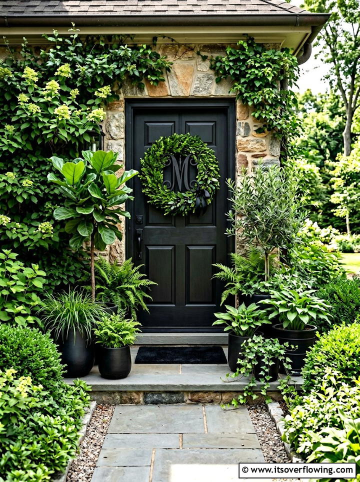 Greenery Focused Front Entrance - 25 front porch decor ideas with monogram wreath