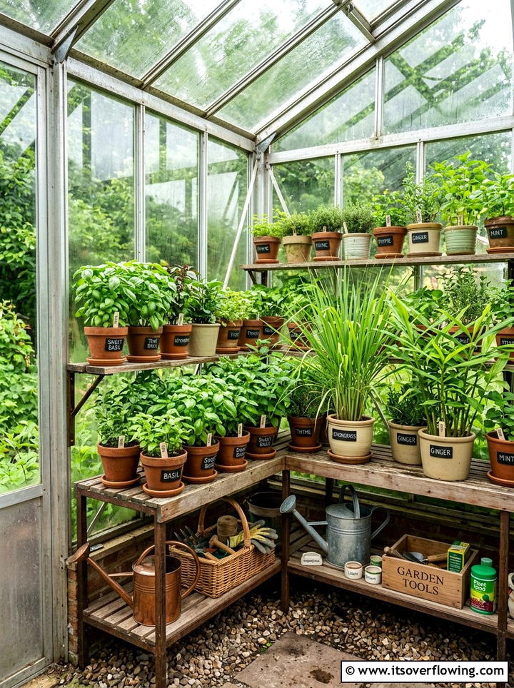 Greenhouse Herb Corner - 25 backyard ideas with herb garden