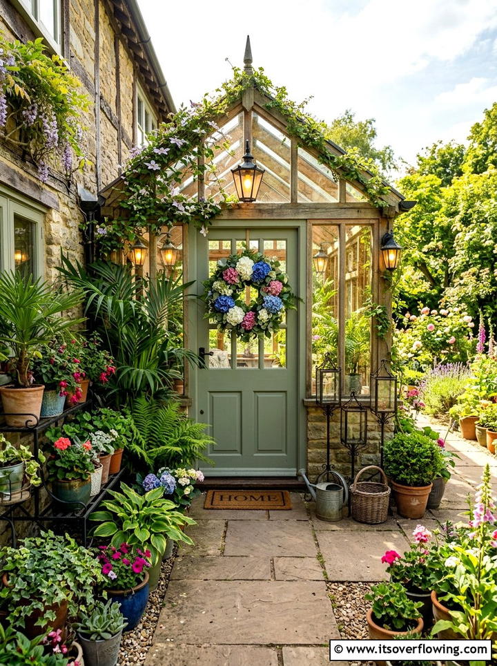 Greenhouse Inspired Entry - 25 front porch decor ideas with hydrangea wreath