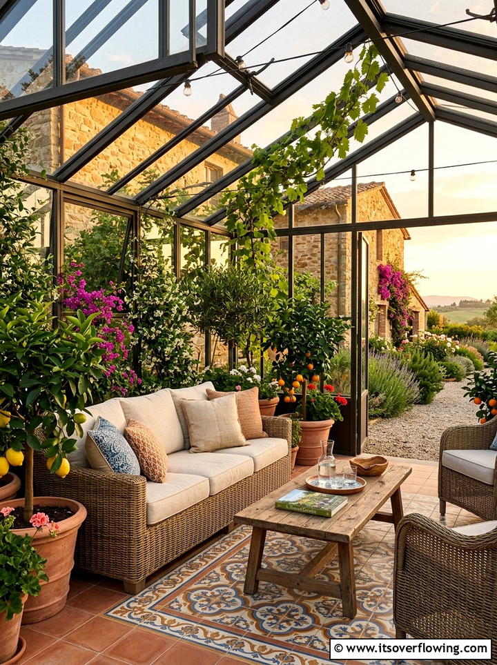 Greenhouse seating area - 25 creative garden ideas with greenhouse corners