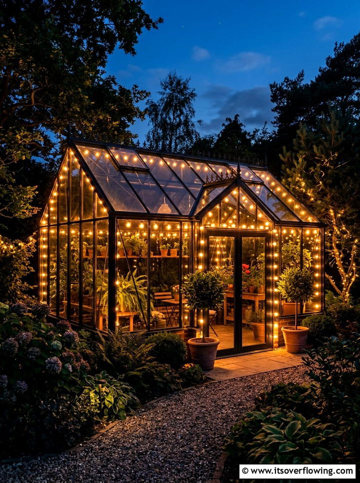 Greenhouse string lights - 25 creative garden ideas with greenhouse corners