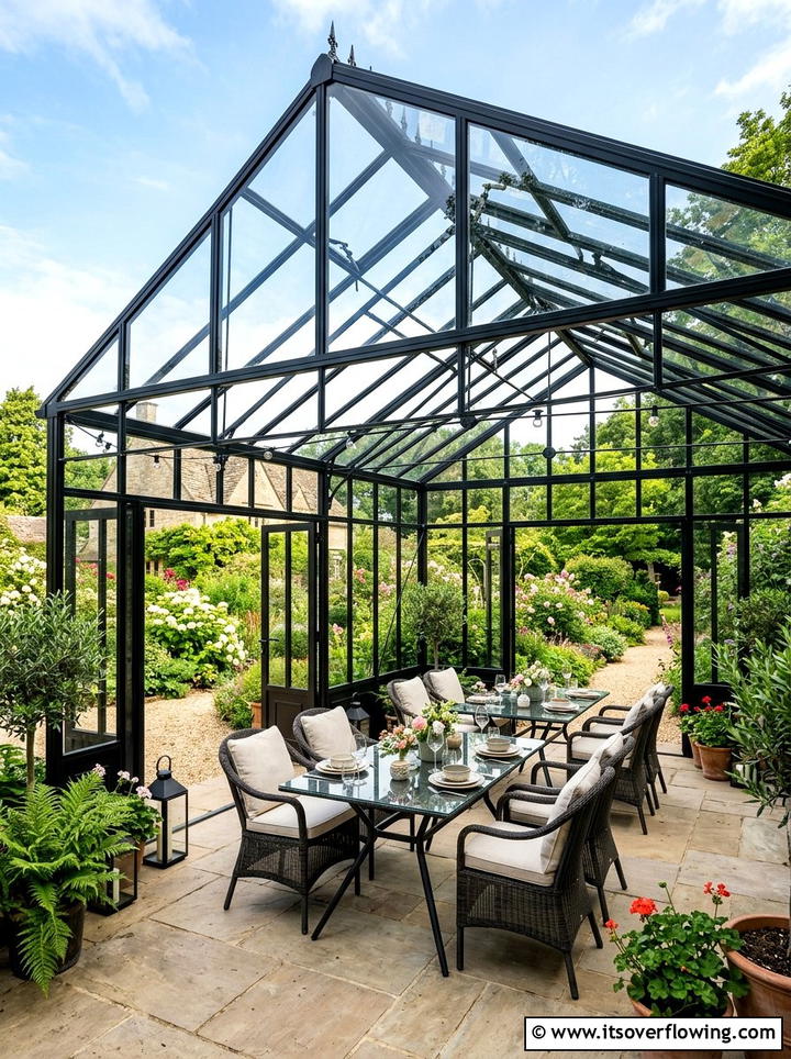 Greenhouse style glass trellis - 25 garden decor ideas with trellis backdrops