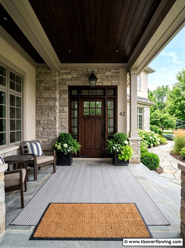 Grey herringbone rug with coco mat - 25 front porch decor ideas with layered mats
