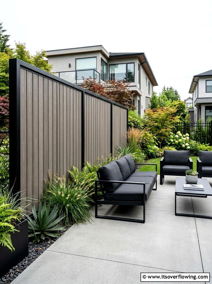 Grey modern privacy panels - 25 backyard ideas with pergola curtains