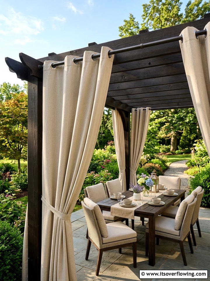 Grommet top outdoor drapes - 25 backyard ideas with pergola curtains