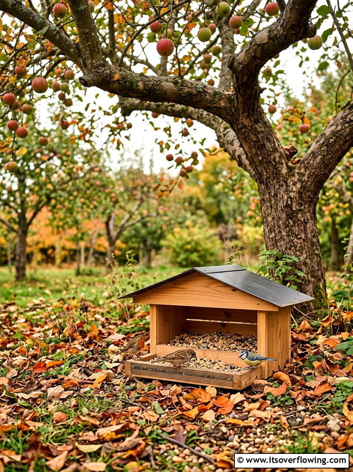 Ground bird feeder under fruit tree - 25 garden ideas with bird feeders